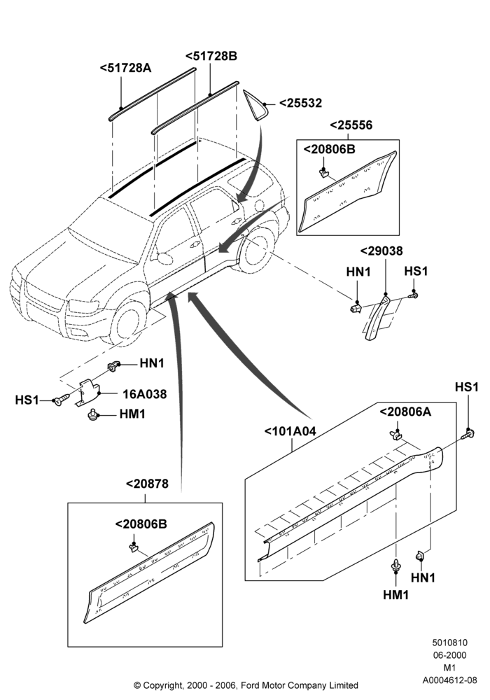 10B - Body Mouldings, (+) North American Markets, Ford Series, Less Exterior Wheel Lip Molding; 12/JUN/2000-01/MAY/2006