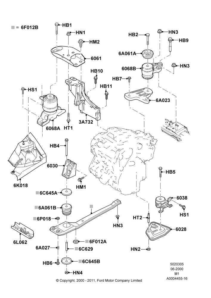 05D - Engine Mounting, 3.0 V6 24V DOHC EFI Modular, 4 Speed CD4E Automatic, LHD; 12/JUN/2000-22/DEC/2003