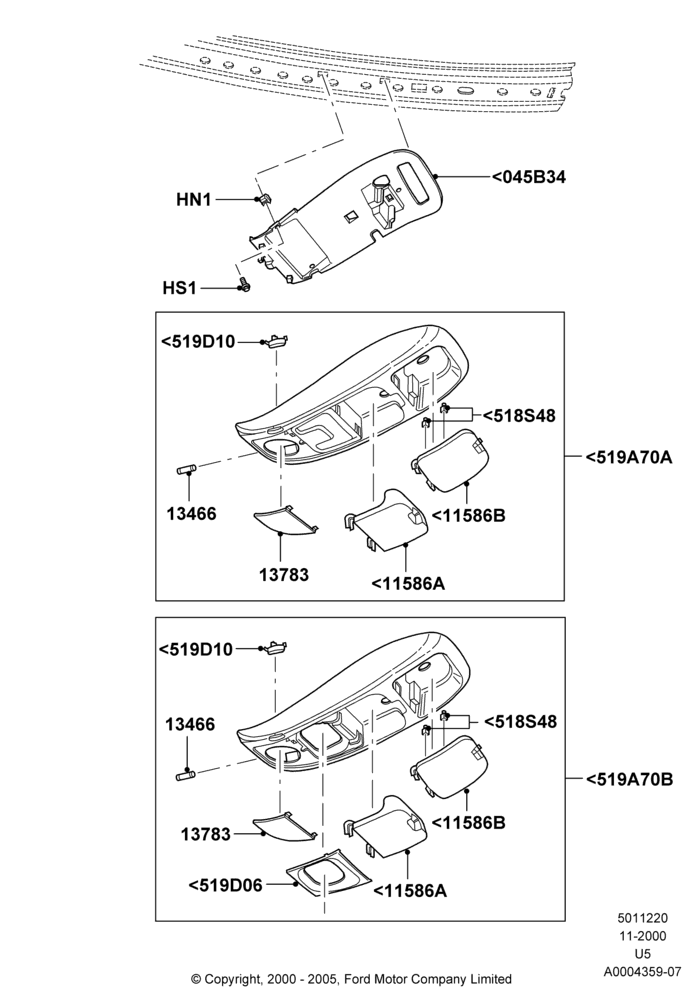 20A - Console - Overhead, Less Homelink, Less Sliding Roof; 13/NOV/2000-19/JUL/2005