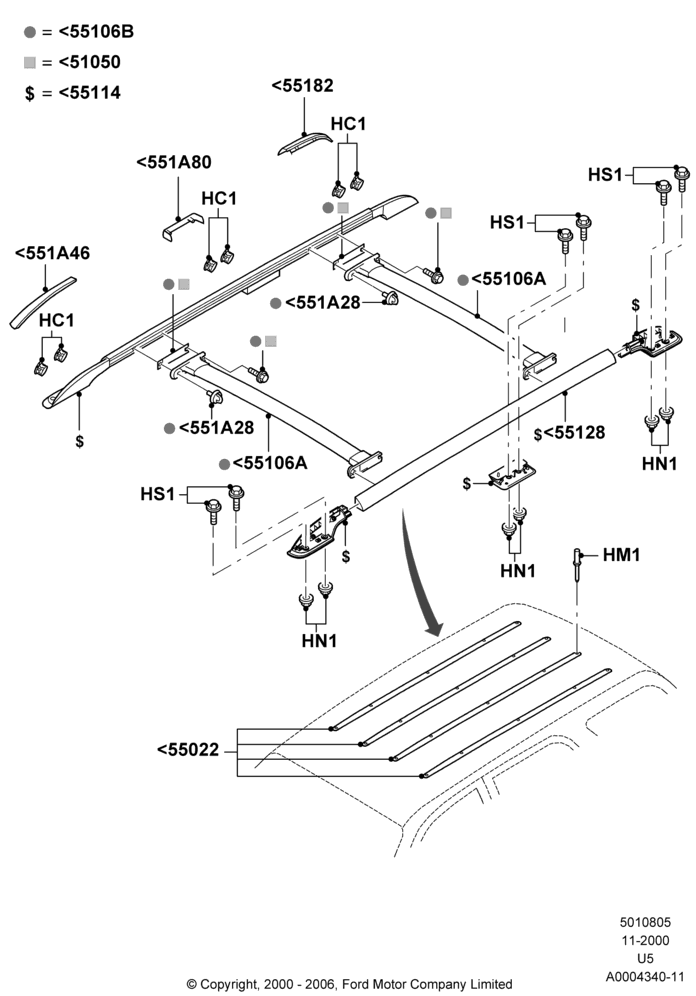 05A - Roof Rack Systems, Production Installed; 13/NOV/2000-19/AUG/2002
