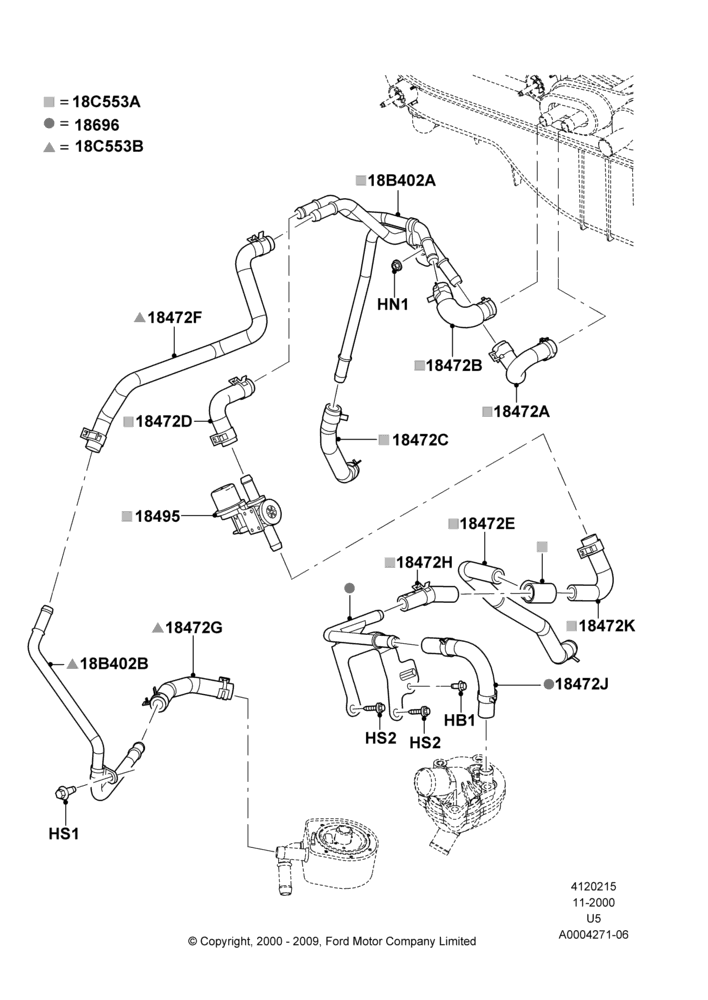 15A - Heater Hoses, (+) North American Markets, 4.0L V6 12V SOHC EFI, With Aux Overhead Heater And A/C, With Engine Oil Cooler; 13/NOV/2000-19/JUL/2005