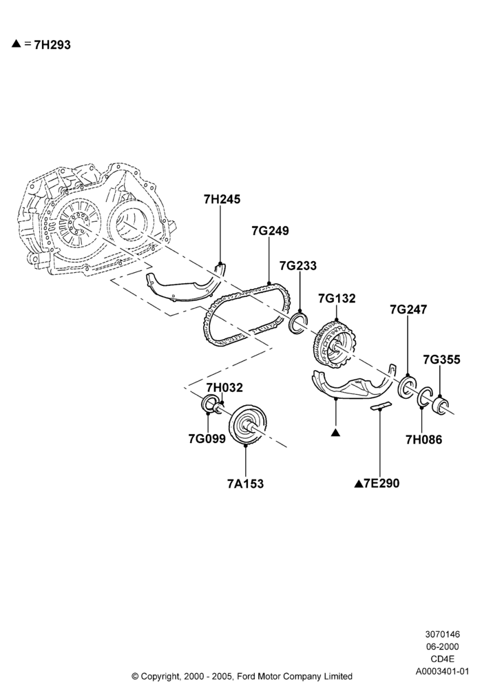 46A - Chain Drive, 3.0 V6 24V DOHC EFI Modular, 4 Speed CD4E Automatic, Zetec 2.0 16V EFI; 12/JUN/2000-22/DEC/2003
