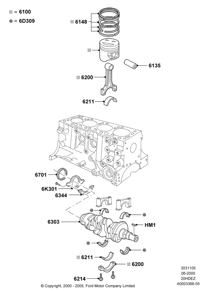 05A - Crankshaft/Pistons and Bearings, Zetec 2.0 16V EFI; 12/JUN/2000-22/DEC/2003