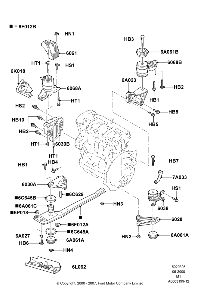 05A - Engine Mounting, 2WD, 5 Speed Manual Transmission, LHD, Zetec 2.0 16V EFI; 12/JUN/2000-22/DEC/2003
