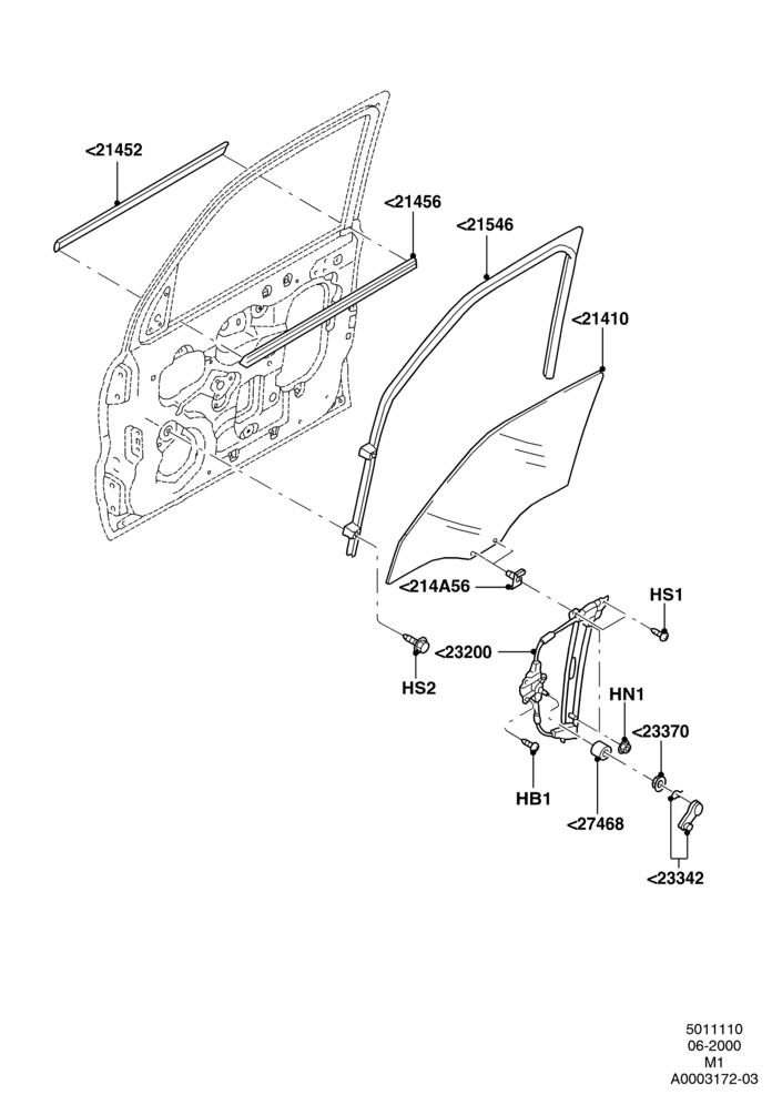 10A - Front Door Glass & Window Controls, LHD, With Manual Front Windows; 12/JUN/2000-22/JUL/2002