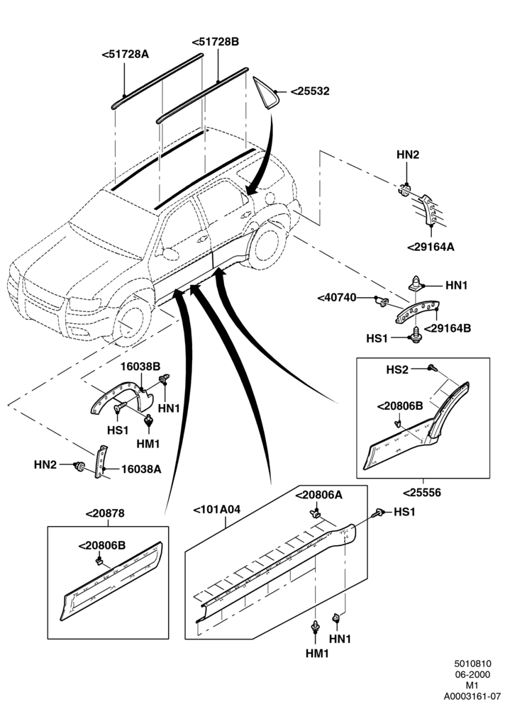 10A - Body Mouldings, (+) North American Markets, With Wheel Lip Moulding; 12/JUN/2000-05/NOV/2001