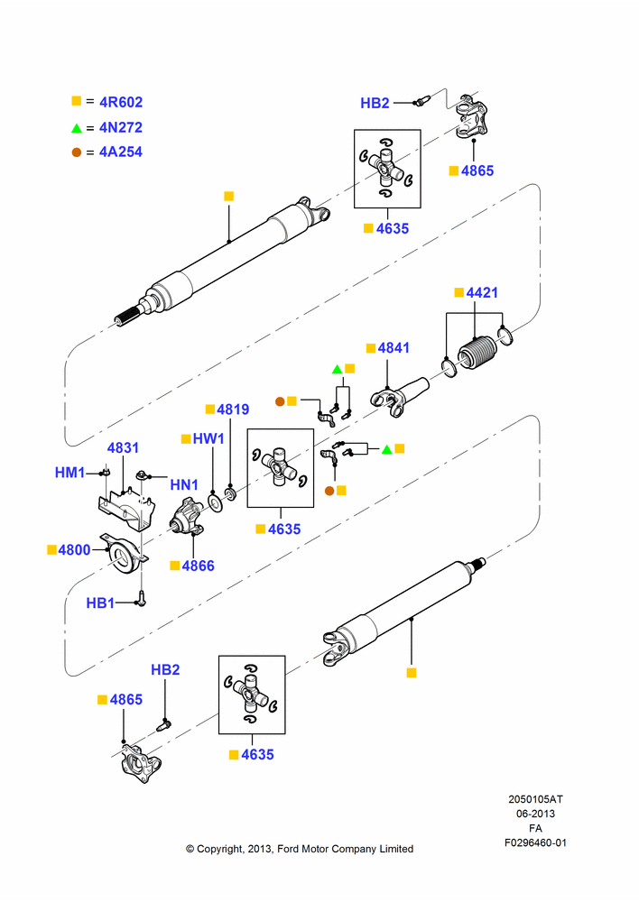 05AT - Drive Shaft - Rear Axle Drive, 172"/4369MM Wheelbase, 6.7L 4V V8 T/C Diesel, Ford 350 Series, LHD 4WD (Part Time Drive), With Double Rear Wheels, 2 Piece Driveshaft; 17/MAR/2014-05/JUL/2016