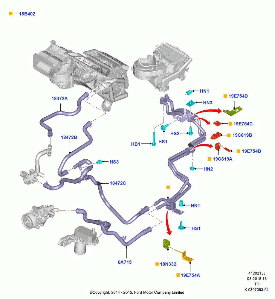 15J - Heater Hoses, 3.2L Duratorq-TDCi (200PS) - Puma, With Rear Seat Climate Control; 21/APR/2014-21/OCT/2019