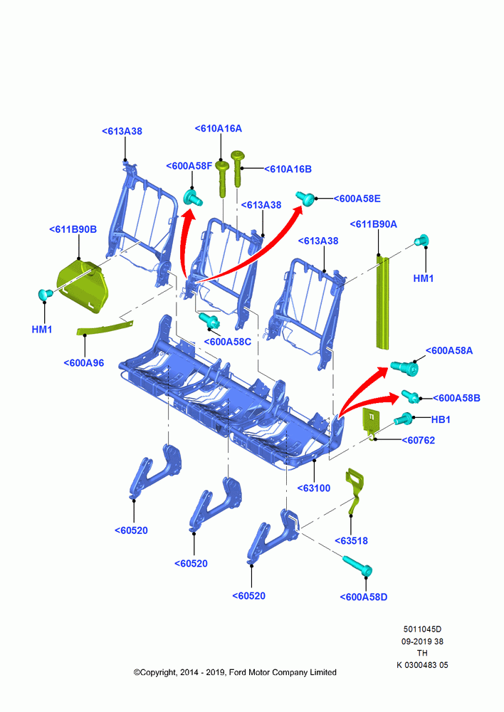 45D - Rear Seat Frame, Less 3rd Row Rear Seat, Less 4th Row Rear Seat, With 3rd Row Single/Double Seat, With 4th Row Bench Seat (3 Pass.), Third Row Triple Wide Seat; 05/MAY/2014