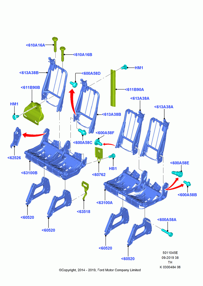 45E - Rear Seat Frame, Less Fifth Row Seating, With 4th Row Bench Seat (4 Pass.), With 4th Row Single/Double Seat, With 5th Row Bench Seat, Fifth Row Double/Double Seat; 05/MAY/2014