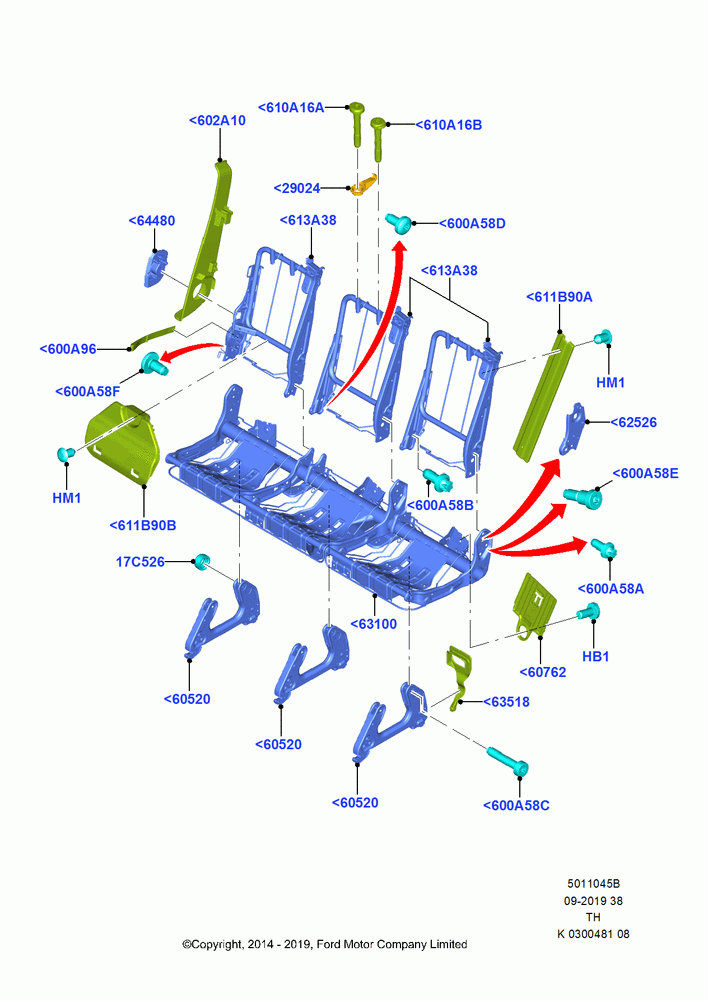 45B - Rear Seat Frame, With 2nd Row Narrow Triple Seat, With Second Row Triple Wide Seat; 05/MAY/2014