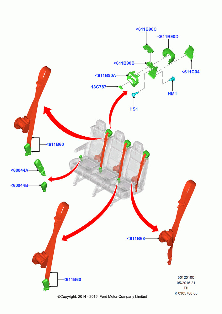 10C - Rear Seat Belts, Bus (M2), With 2nd Row Narrow Triple Seat; 05/MAY/2014