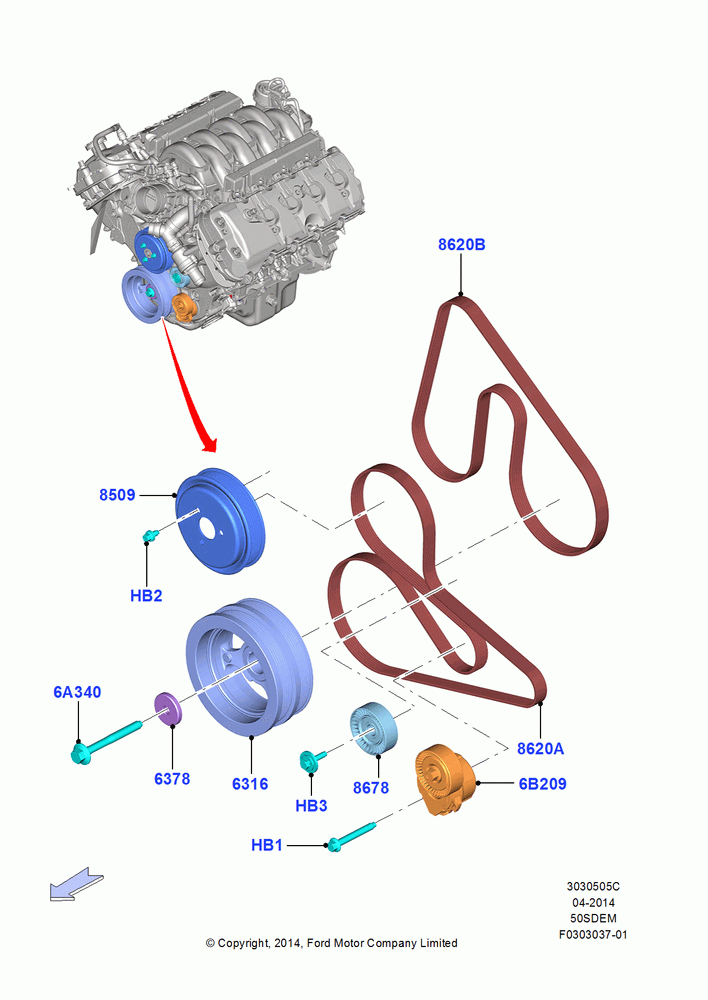 Pulleys and Drive Belts, MOD 5.0L-4V DOHC SEFI NA