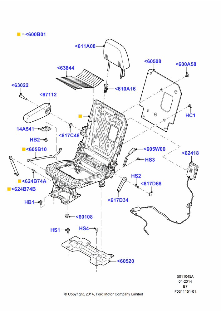 45A - Rear Seat Frame, With 2nd Row Dual Captain Chairs; 11/AUG/2014-30/JUN/2017