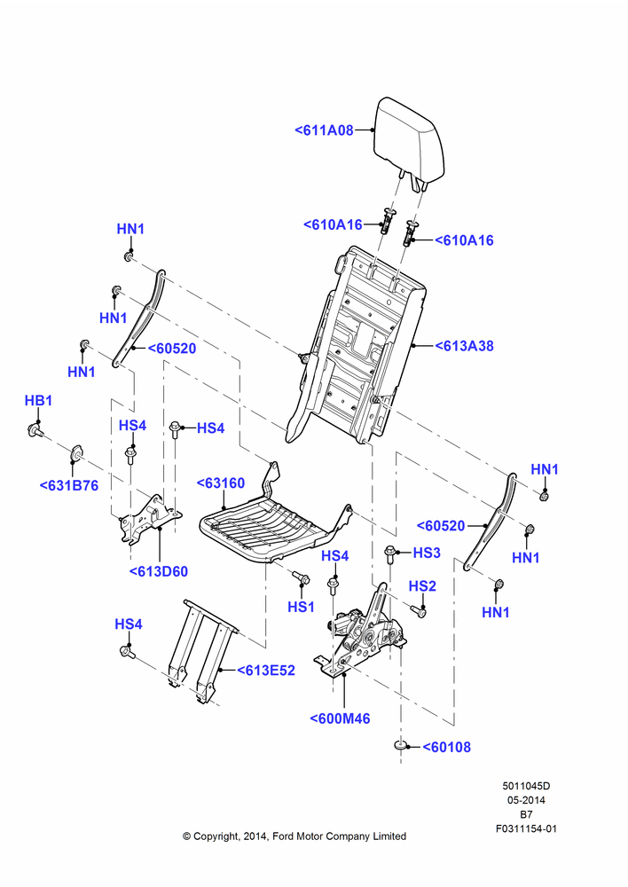 45D - Rear Seat Frame, With Third Row Power Folding Seat, 40% Seat; 11/AUG/2014-30/JUN/2017