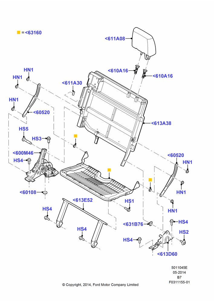 45E - Rear Seat Frame, With Third Row Power Folding Seat, 60% Seat; 11/AUG/2014-30/JUN/2017