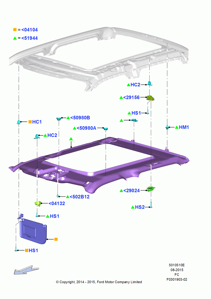 10E - Headlining and Sun Visors, Crew Cab, VISTA FRT PWR TILT/SLD/FIXD RR; 20/OCT/2014-17/JUL/2017