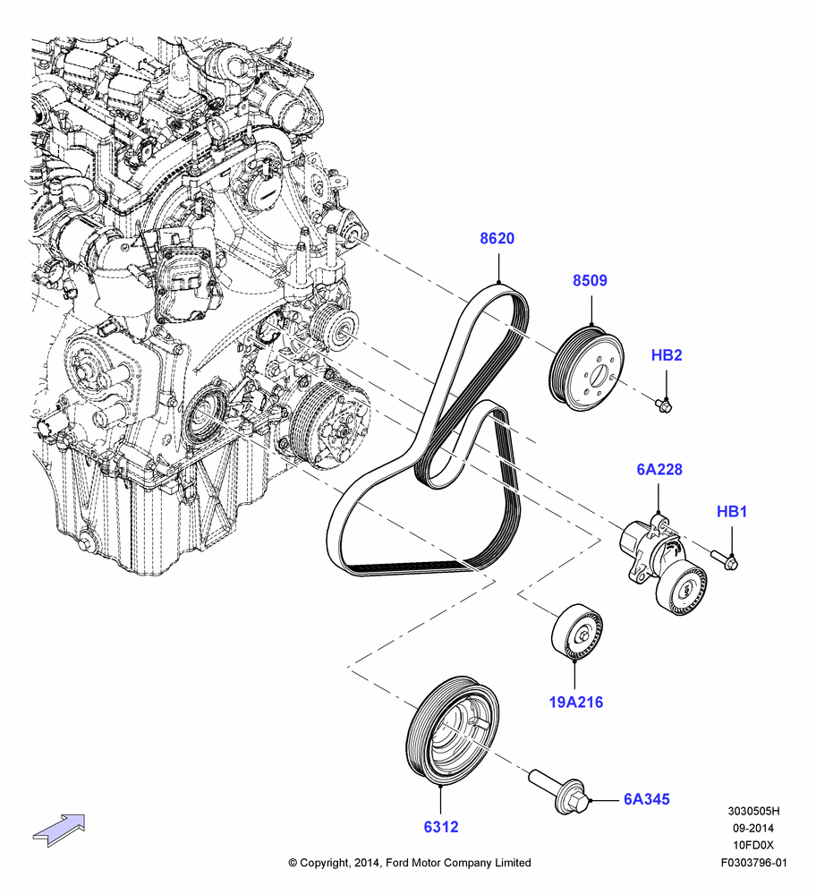 05H - Pulleys and Drive Belts, 1.0L EcoBoost 120PS/125PS/140PS; 15/DEC/2014-04/MAY/2018