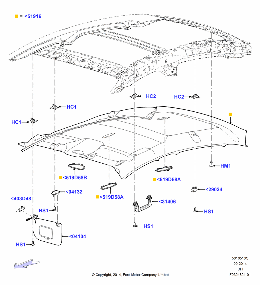 10C - Headlining and Sun Visors, 4 Door Sedan, Less Sun Roof; 08/DEC/2014-04/MAY/2018