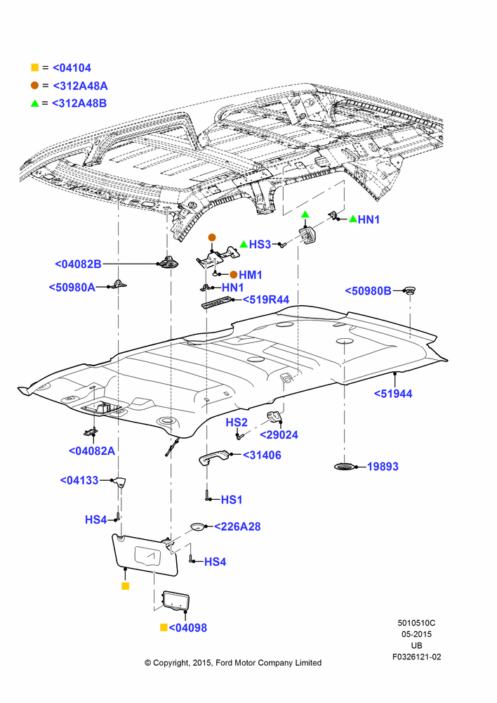 10C - Headlining and Sun Visors, Less Sun Roof; 04/MAY/2015-06/JUN/2016