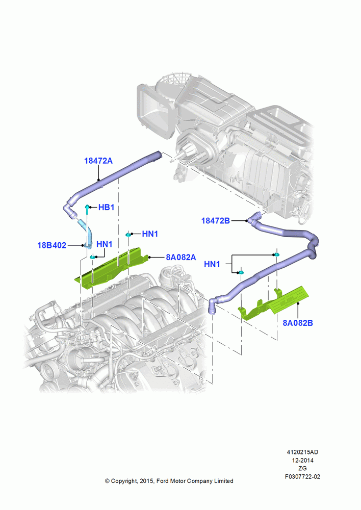 15AD - Heater Hoses, MOD 5.2L-TIVCT PFI NA HP1 GAS, North American Markets; 13/JUL/2015