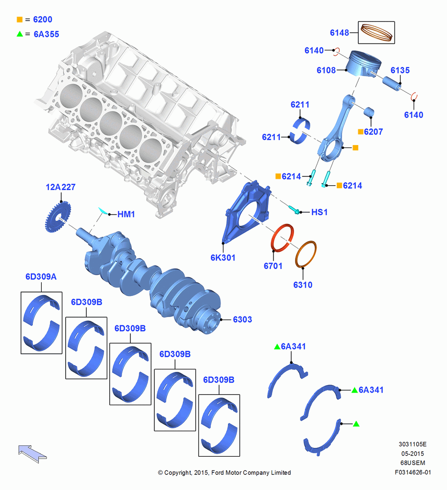 05E - Crankshaft/Pistons and Bearings, 6.8L Gas EFI V10; 13/JUL/2015