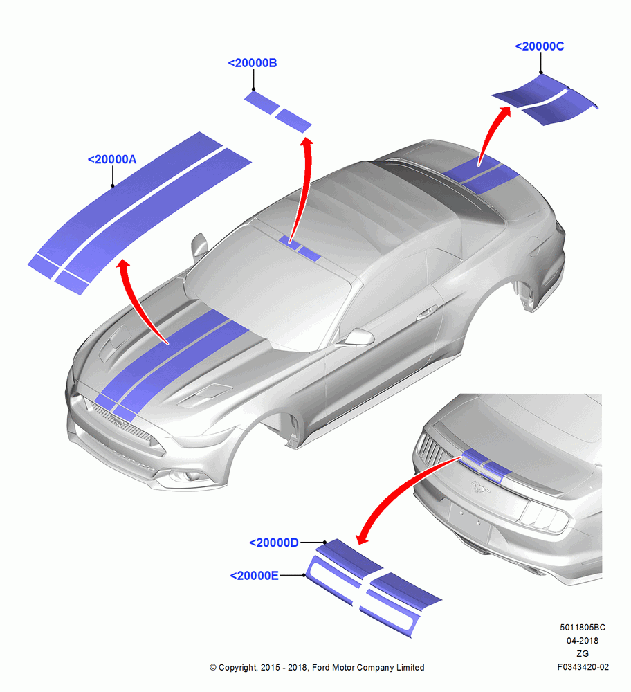 05BC - Stripe Decals, Convertible, North American Markets, Hood Accent Stripe 2; 03/AUG/2015-02/OCT/2017