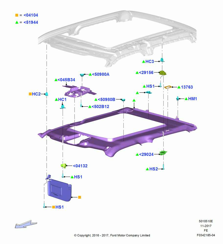 10E - Headlining and Sun Visors, Crew Cab, VISTA FRT PWR TILT/SLD/FIXD RR; 11/JUL/2016