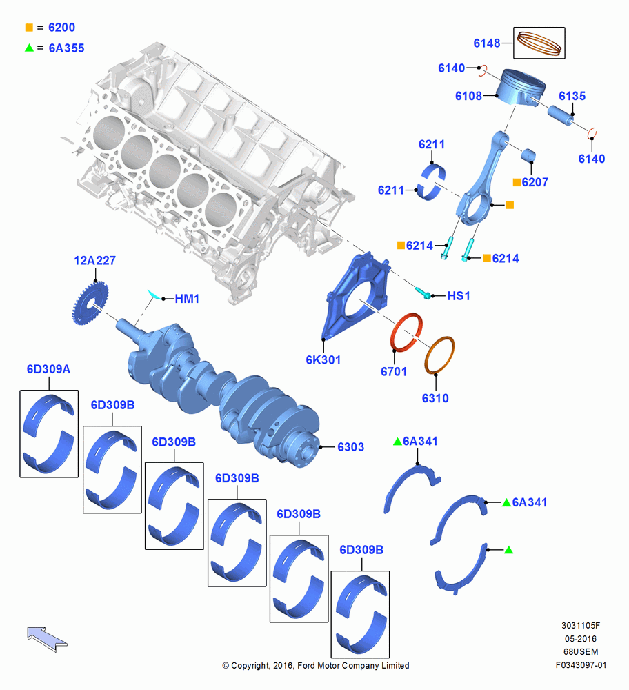 05F - Crankshaft/Pistons and Bearings, 6.8L Gas EFI V10; 11/JUL/2016
