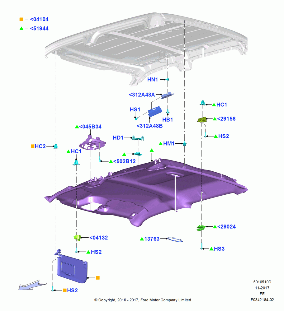 10D - Headlining and Sun Visors, Crew Cab, Less Sun Roof; 11/JUL/2016