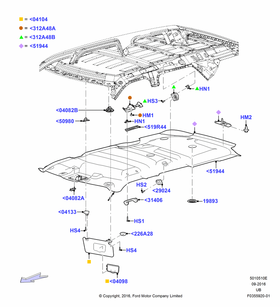 10E - Headlining and Sun Visors, Less Sun Roof; 06/JUN/2016-03/MAR/2019