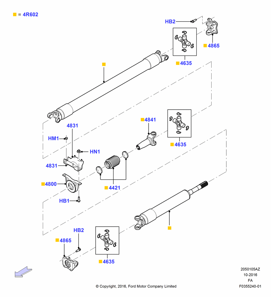 05AZ - Drive Shaft - Rear Axle Drive, 172"/4369MM Wheelbase, 6.2L 16V OHC NA V8 Gas, Ford 350 Series, LHD 4WD (Part Time Drive), With Single Rear Wheels, 2 Piece Driveshaft; 14/JAN/2014-05/JUL/2016