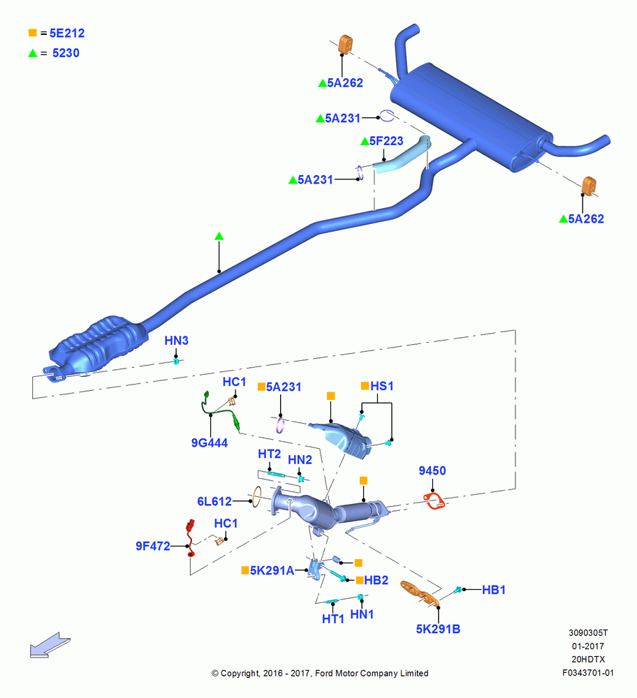 05T - Exhaust System, 4WD, 2.0L EcoBoost (240PS), With 49 State/Non Green State Req, Proconve L6 Emissions; 04/APR/2016