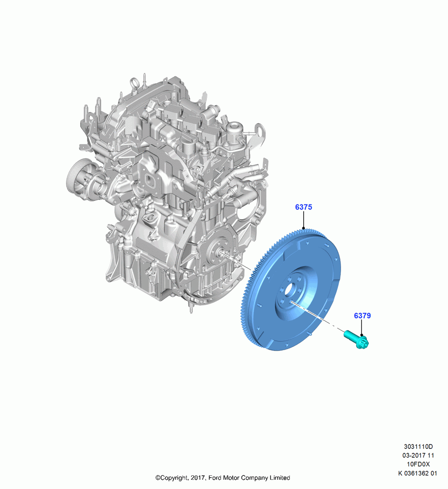 10D - Flywheel, 1.0L EcoBoost 120PS/125PS/140PS, (+)"ASM/FNA/GU/MEX/MPS/SN/PR/VIR"; 11/SEP/2017