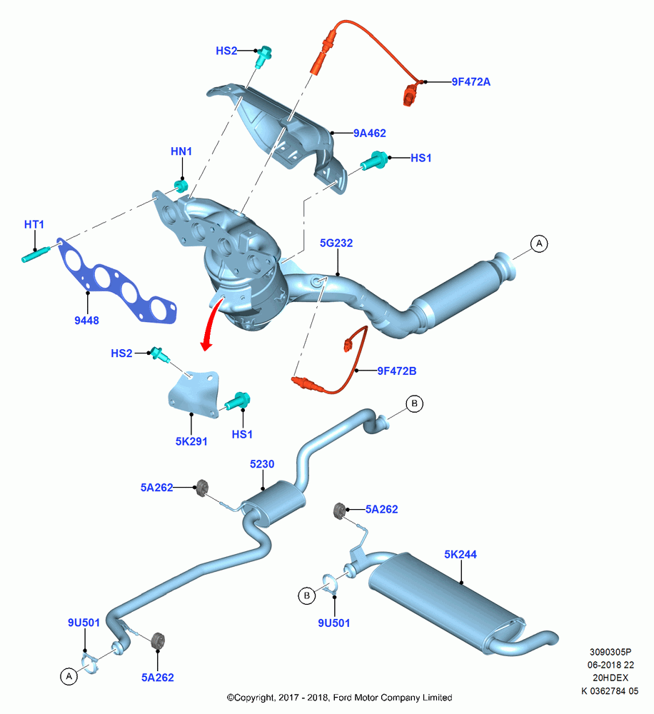 05P - Exhaust System, 2.0L TIVCT DI NA I4, (+)"ASM/FNA/GU/MEX/MPS/SN/PR/VIR"; 11/SEP/2017
