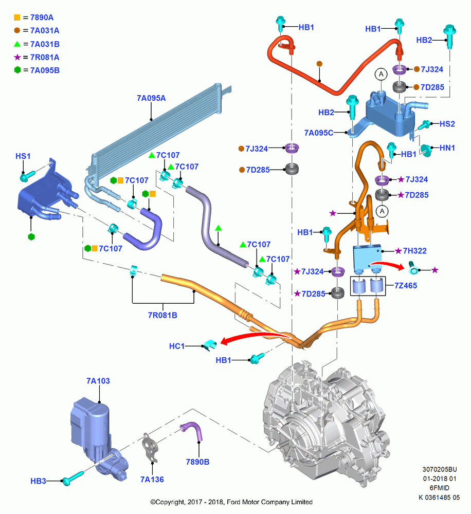 05BU - Transmission Cooling Systems, 1.0L EcoBoost 120PS/125PS/140PS, 6 Speed Auto Trans 6F15, (+)"ASM/FNA/GU/MEX/MPS/SN/PR/VIR"; 11/SEP/2017