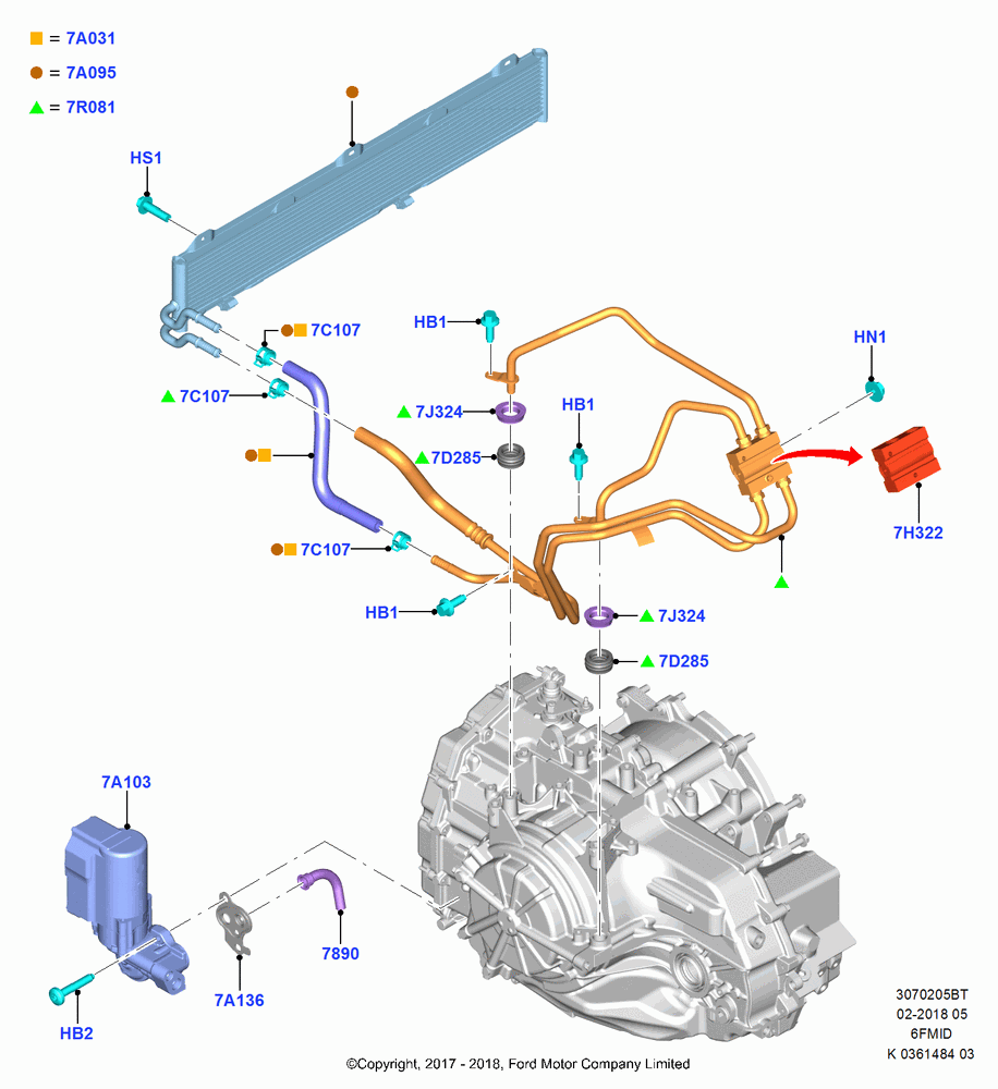 05BT - Transmission Cooling Systems, 6 Speed Auto Trans 6F Mid-Range, 2.0L TIVCT DI NA I4, (+)"ASM/FNA/GU/MEX/MPS/SN/PR/VIR"; 11/SEP/2017