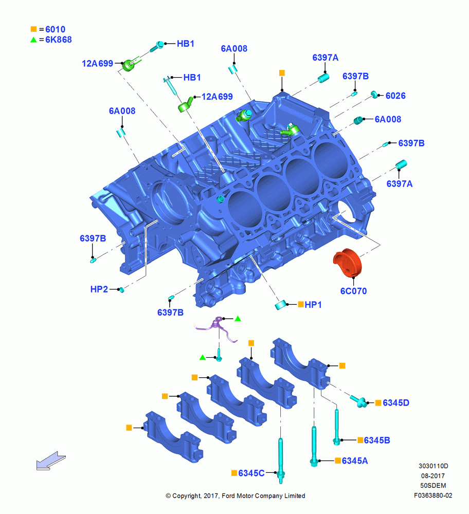 10D - Cylinder Block and Plugs, 5.0L V8 32V DOHC EFI Modular, MOD 5.0L-4V DOHC SEFI NA; 02/OCT/2017