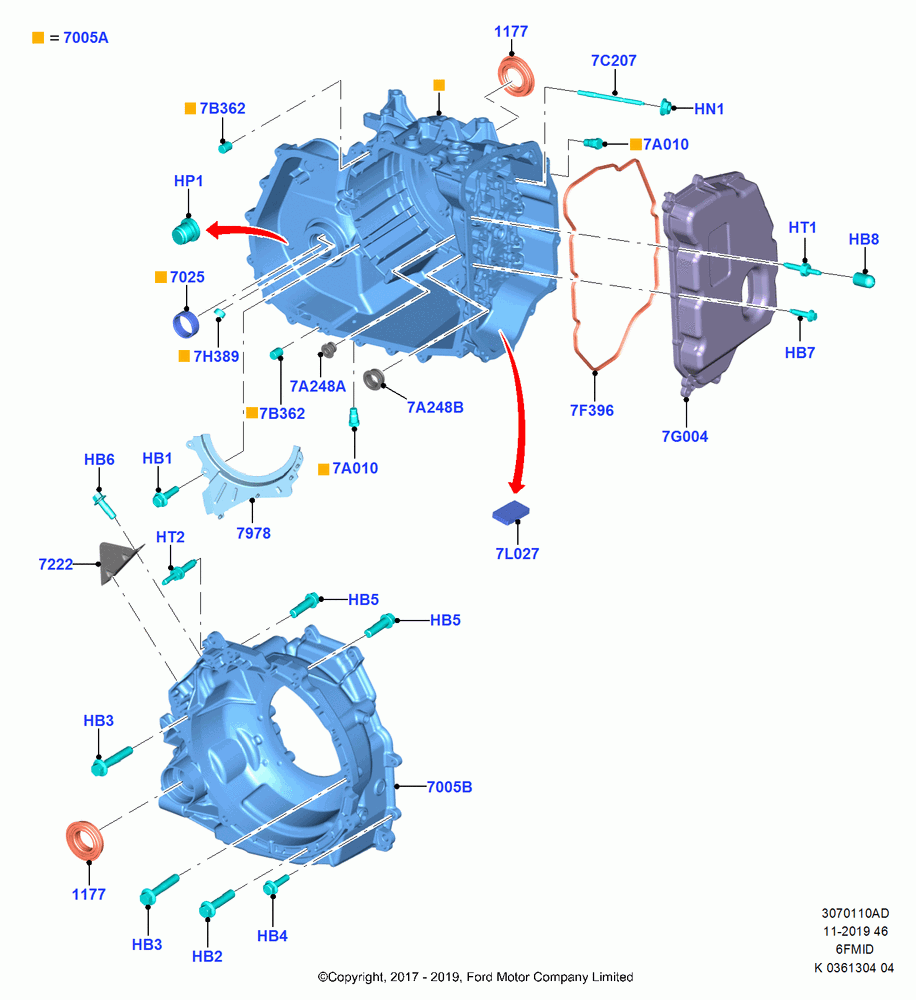 10AD - Transmission External Components, 1.0L EcoBoost 120PS/125PS/140PS, 6 Speed Auto Trans 6F15, (+)"ASM/FNA/GU/MEX/MPS/SN/PR/VIR"; 11/SEP/2017