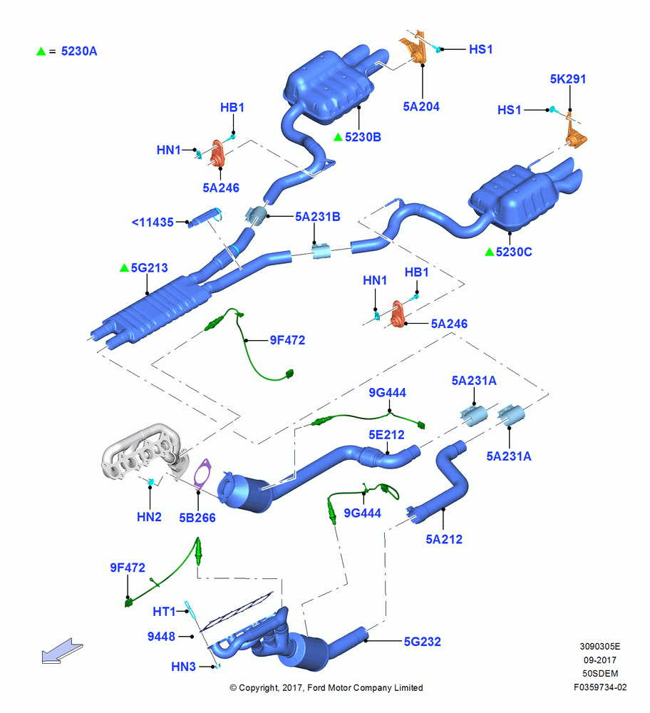 Exhaust System, 5.0L V8 32V DOHC EFI Modular, 50 State Emission Requirements, MOD 5.0L-4V DOHC SEFI NA, Single Exhaust, Stage VI Emission Requirements-Car