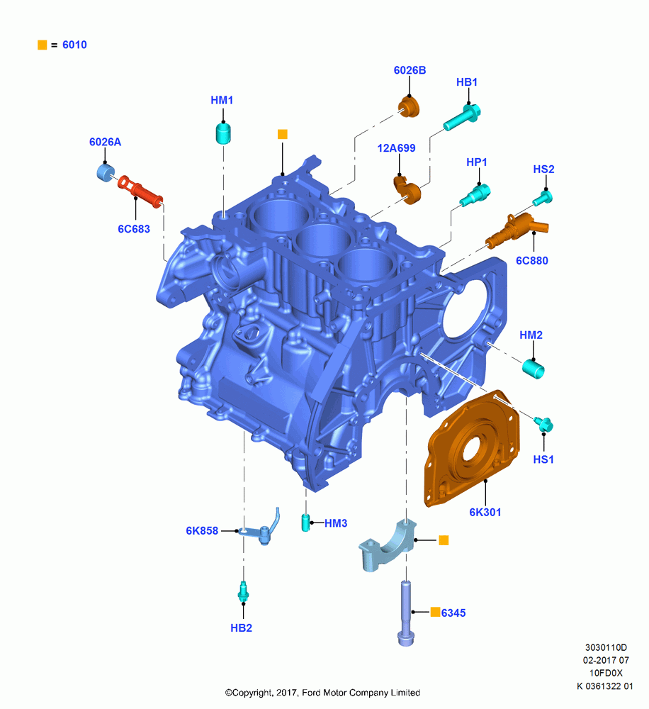 10D - Cylinder Block and Plugs, 1.0L EcoBoost 120PS/125PS/140PS, (+)"ASM/FNA/GU/MEX/MPS/SN/PR/VIR"; 11/SEP/2017