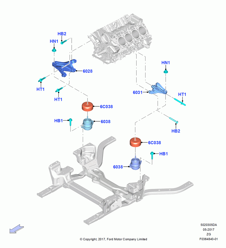 05DA - Engine Mounting, 5.0L V8 32V DOHC EFI Modular, LHD RWD, MOD 5.0L-4V DOHC SEFI NA; 02/OCT/2017