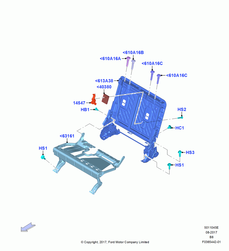 45E - Rear Seat Frame, With Third Row Power Folding Seat, 60% Seat; 25/SEP/2017