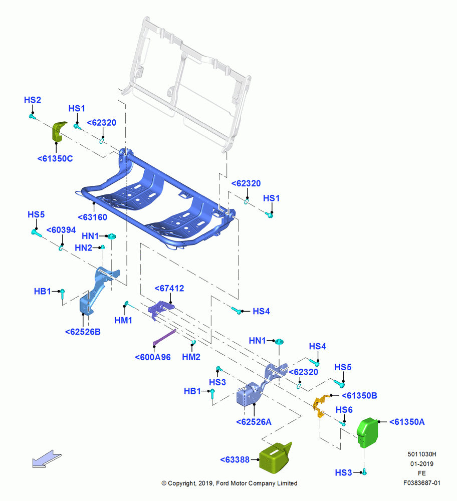 30H - Rear Seat Base, 2 Row-H/Ser Flip Up W/Elon Cushion, Rear Center Armrest With Cupholder, 60% Seat, LH; 09/JUL/2018