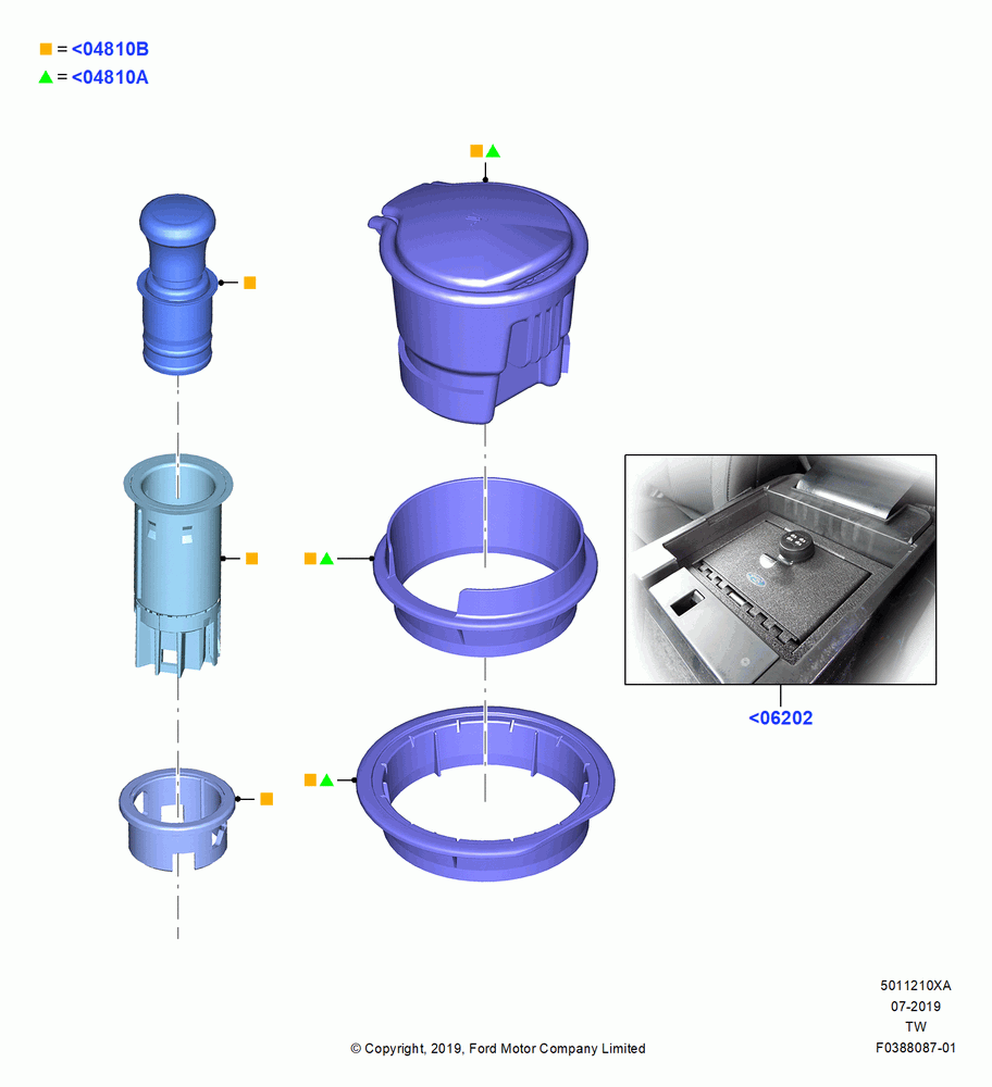 10XA - Console - Floor, Accessory - Armrest Console Vault, Accessory Smokers Pack; 06/MAY/2019