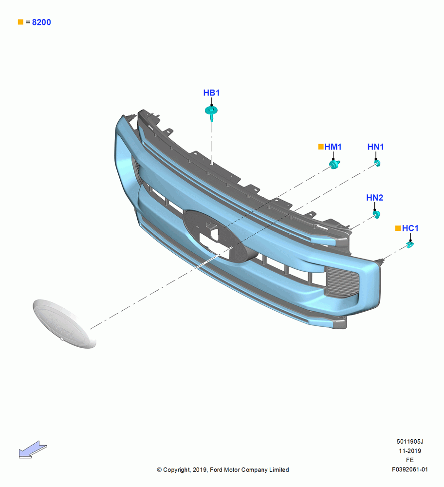 05J - Radiator Grille and Front Bumper, With Bright Front Grille; 04/NOV/2019