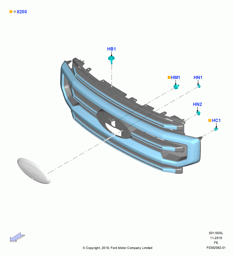 05L - Radiator Grille and Front Bumper, With Painted Front Grille, With Satin Aluminum Grille; 04/NOV/2019
