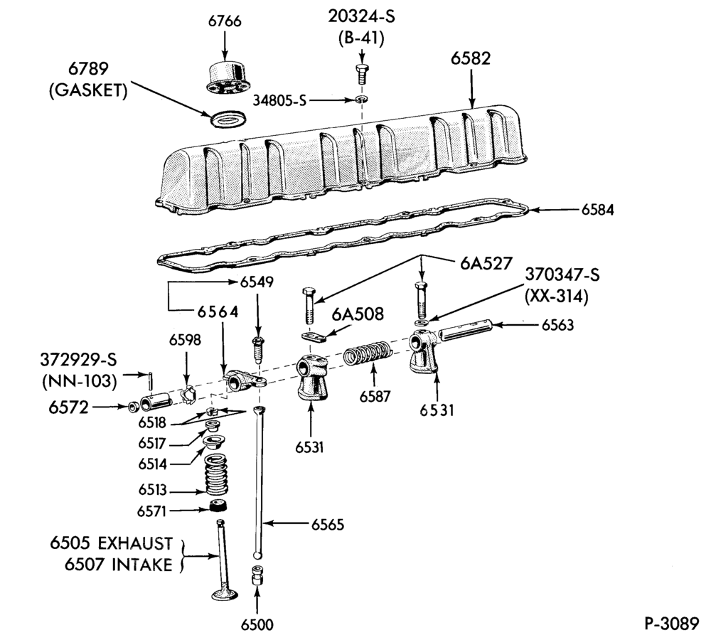 62 - 6 CYL. 4.1L (250 C.I.D.)-Valves, push rods and rocker arm cover