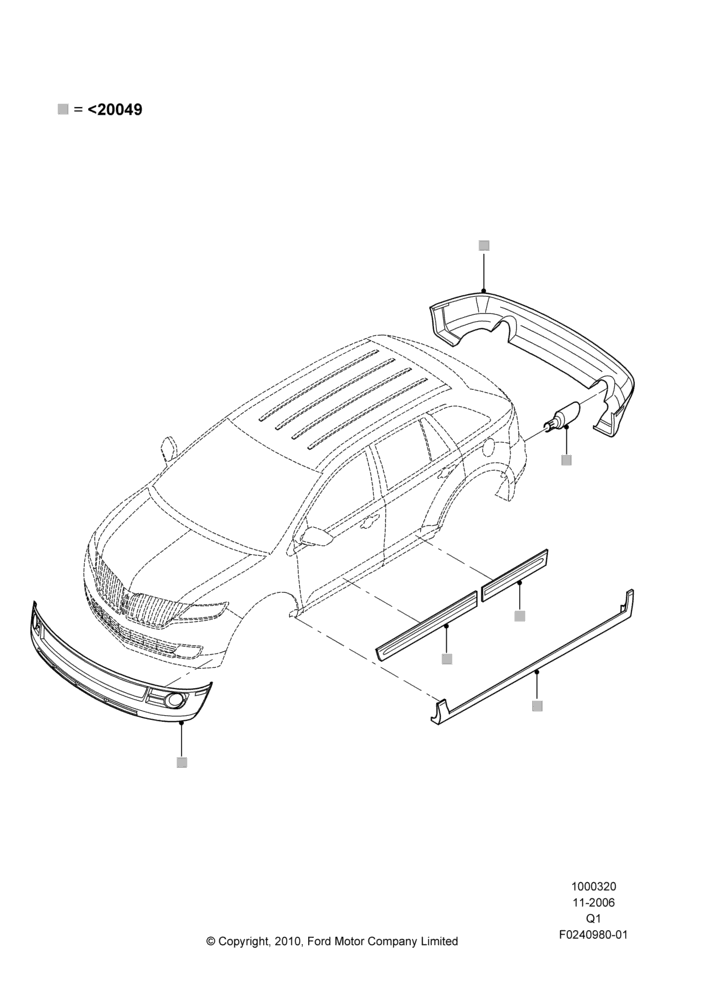 20B - Body Dress Up Kits - Front, Lincoln/Mercury Series, Set Of 8 Pieces, Includes Front Fascia, Rear Fascia, Rockers, Door Caps And Exhaust Tips; 06/NOV/2006-17/SEP/2007