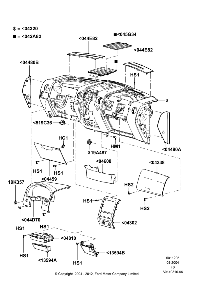 05C - Instrument Panel, Less Flow Thru Floor Console, Trim Pieces; 23/AUG/2004-08/AUG/2005